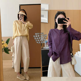 清茶小衫！2025夏日轻氧感苎麻贝壳扣圆领衬衫宽松轻薄衬衣女款！