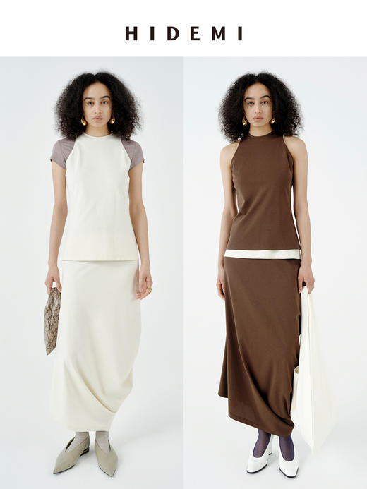 HIDEMI 极简设计感进口莱赛尔混纺棉纱线圆领堆堆感背心茧型裙套装 背心/茧型裙 商品图0