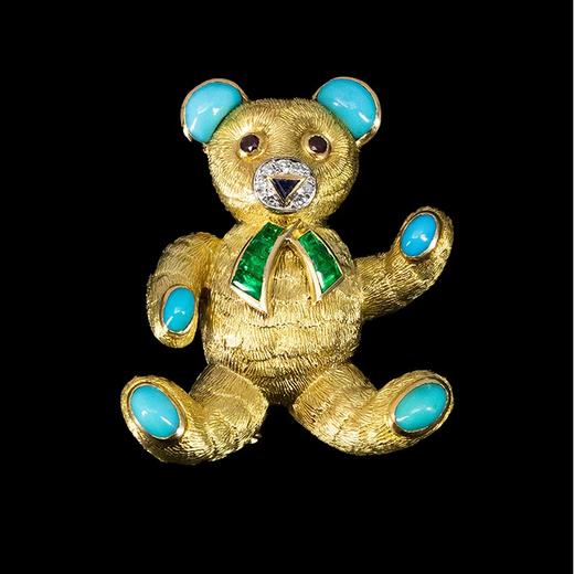 独角鹿西洋古董 1960年代法国出品18K黄金镶嵌绿松石红宝石祖母绿及钻石小熊造型胸针 商品图0