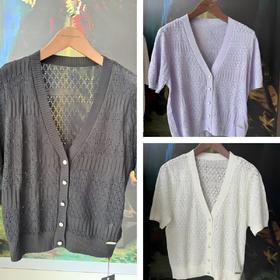 伯妮斯茵 | 清爽夏日 纯色 V 领短袖镂空针织开衫 冰丝曲珠纱线 抗起球透气 日常外搭款  SZ2E01-漆黑、凝重、紫薄汗