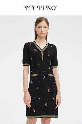 S1M1马天奴 黑色刺绣针织裙V领连衣裙MRS101SWB0