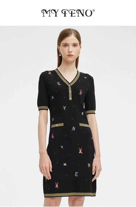 S1M1马天奴 黑色刺绣针织裙V领连衣裙MRS101SWB0 商品图0