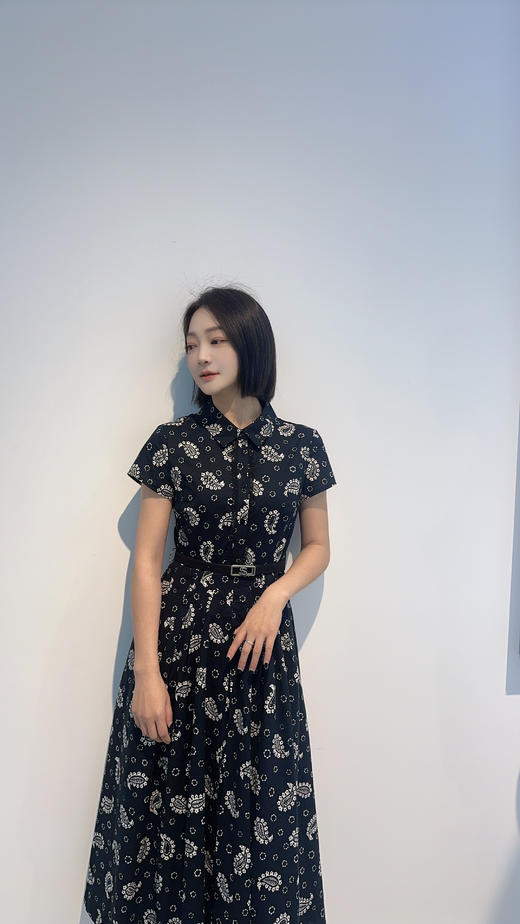 SZ2S55_漆黑色_连衣裙_春夏_短袖翻领衬衫腰果花印花收腰大摆_高级女装_BERNIEELEN 伯妮斯茵 商品图1