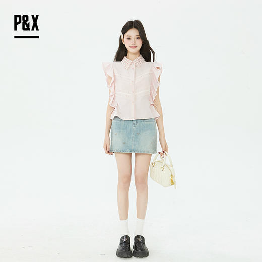 P&X设计师2025夏季衬衣荷叶边翻领甜美衬衫825205087 粉色 商品图1