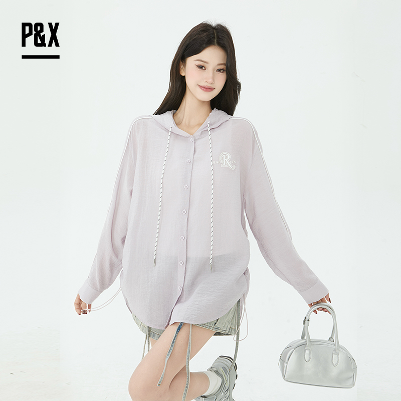 P&X设计师2025夏季新款连帽宽松腰果花纹防晒衬衫825205083 紫色