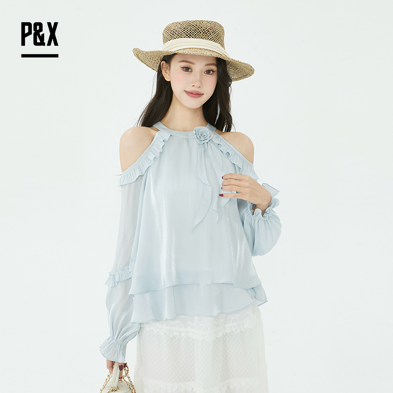P&X设计师2025夏季一字肩挂颈露肩荷叶边雪纺衫825228073 蓝色