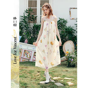 两三事梵高文艺 绻夏微光 2025夏季新款甜美印花泡泡袖两穿连衣裙