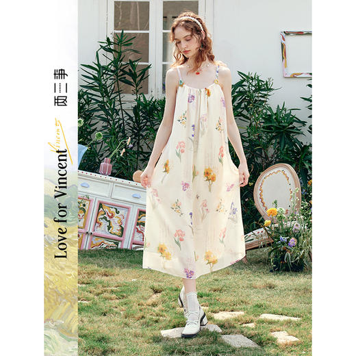 两三事梵高文艺 绻夏微光 2025夏季新款甜美印花泡泡袖两穿连衣裙 商品图0