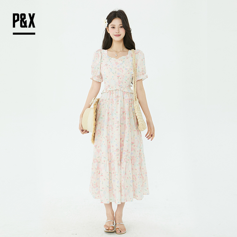 P&X设计师2025夏季新款田园风法式碎花连衣长裙825208181 花色
