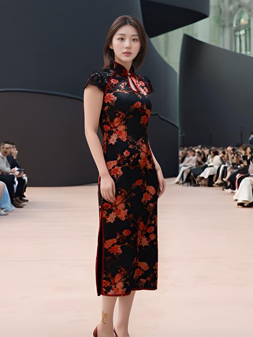 新中式后背拼接镂空蕾丝旗袍 商品图1