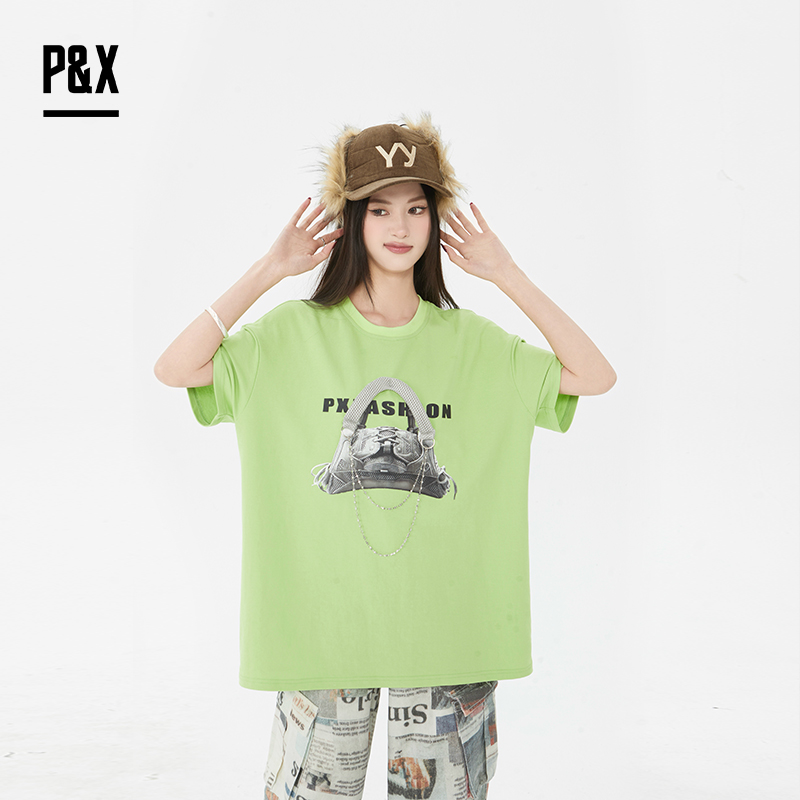 P&X设计师2025夏季圆领休闲街头潮流印花T恤825202251 绿色