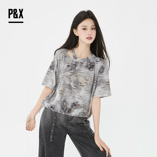 P&X设计师女装2025夏款扎染圆领复古水墨T恤825202266 灰色 商品图2