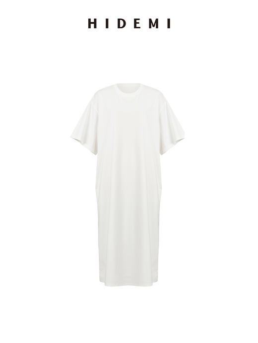 HIDEMI 自然棉系列廓形宽松短袖T恤长款连身裙 白色/深灰/豆乳色 商品图3