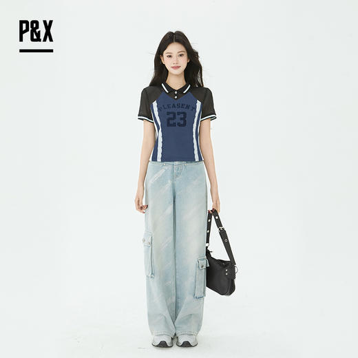 P&X设计师2025夏季修身显瘦正肩训练辣妹风T恤825202229 蓝色 商品图2