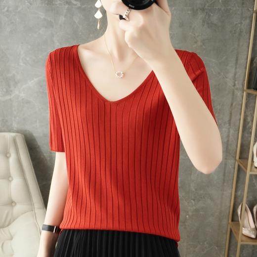 冰丝短袖T恤女2025春夏新款洋气宽松显瘦纯色百搭薄款V领针织上衣 商品图1
