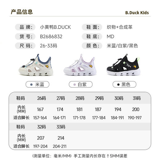 B.Duck小黄鸭童鞋男童凉鞋夏季透气儿童凉鞋女童溯溪鞋26-33 B2686832 商品图1