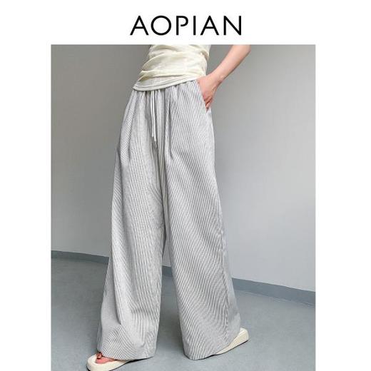 奥篇夏日显瘦竖条神裤 系带松紧腰竖条纹长裤 商品图3