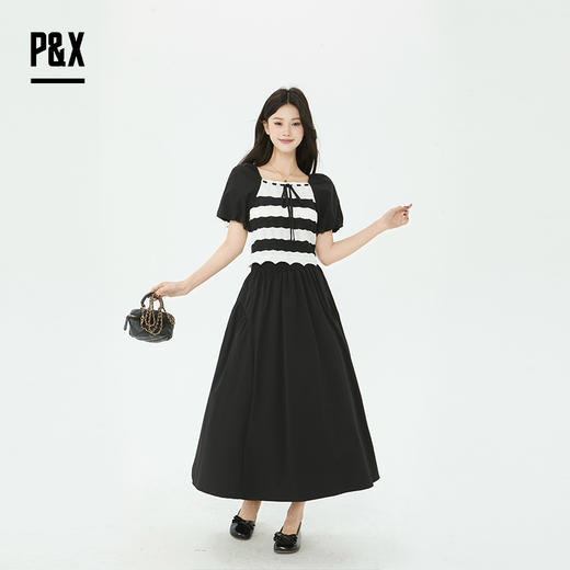 P&X设计师女装 黑白条纹撞色分式套装连衣长裙 825214081 黑色 商品图0