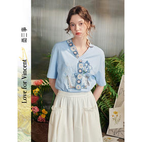 两三事梵高文艺 夏风逐花 2025夏季新款手钩花领带印花短袖t恤女