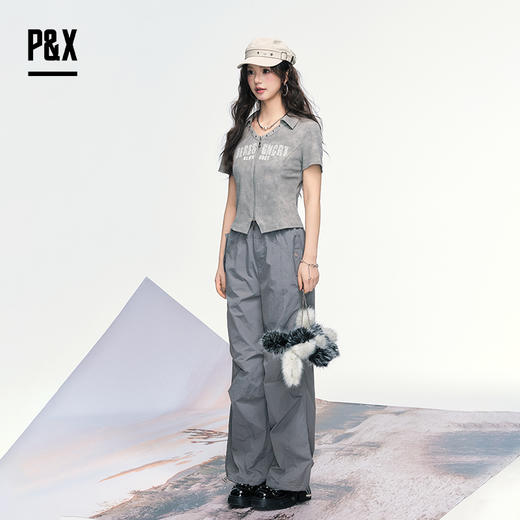 P&X设计师女装 夏季新款宽松纯色梭织休闲长裤阔腿825209217 灰色 商品图4