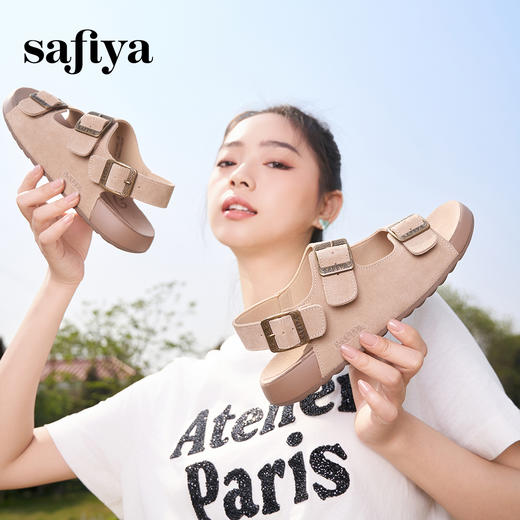 Safiya/索菲娅2025夏季外穿舒适平底休闲复古搭扣露趾勃肯凉拖SFD2115356 商品图1