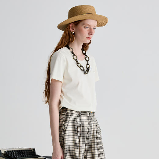 谜底T恤短袖女2025夏新品休闲日常手工钉珠合身X型上衣252MT0620 商品图1