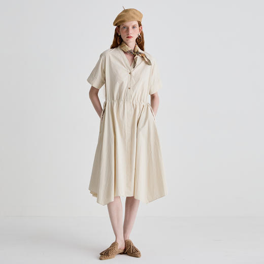 谜底连衣裙短袖2025夏季新品通勤V领抽绳收腰修身中长裙252ML0554 商品图0