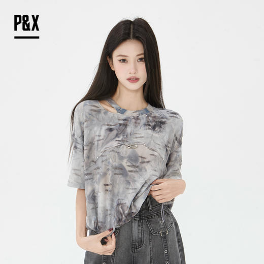 P&X设计师女装2025夏款扎染圆领复古水墨T恤825202266 灰色 商品图0