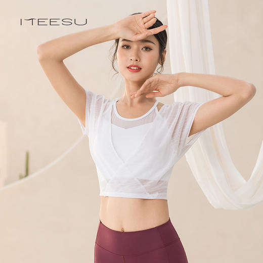美愫瑜伽服罩衫女夏短袖运动罩衫时尚修身跑步健身瑜伽服显瘦上衣 商品图1
