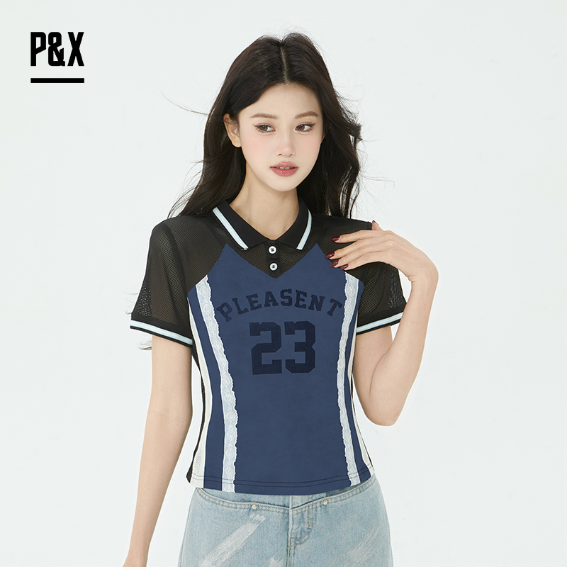 P&X设计师2025夏季修身显瘦正肩训练辣妹风T恤825202229 蓝色