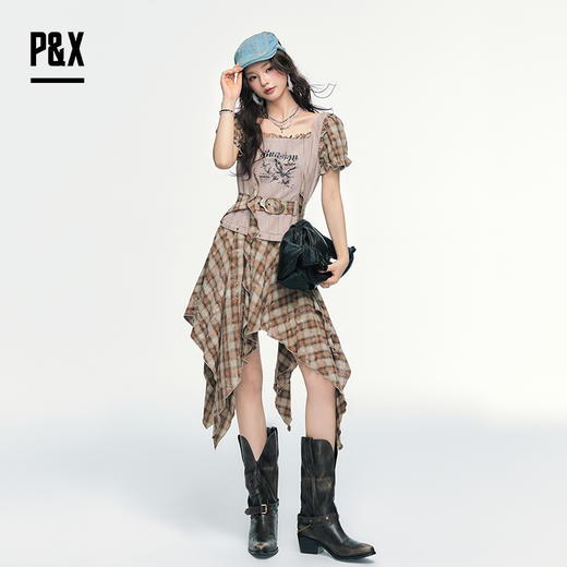 P&X设计师女装2025夏季复古格子拼接连衣短裙825208186 咖啡格 商品图0