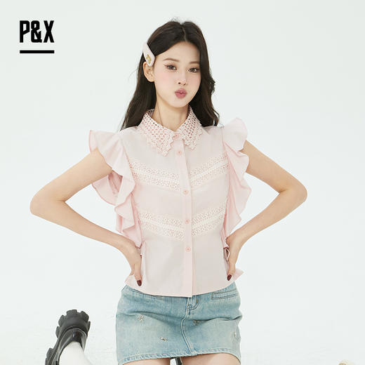 P&X设计师2025夏季衬衣荷叶边翻领甜美衬衫825205087 粉色 商品图3