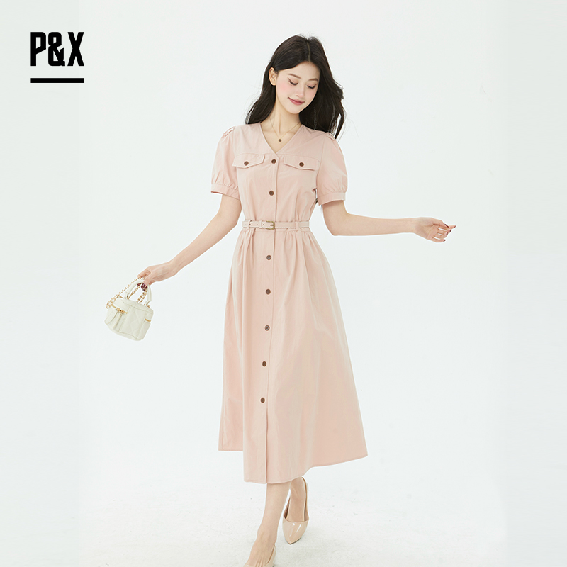 P&X设计师女装2025夏法式收腰优雅气质连衣长裙 825208192 粉色