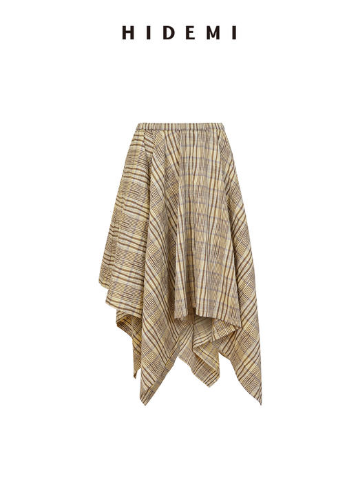 HIDEMI 不规则剪裁大伞状进口韩国纱线格纹泡泡袖上衣半身裙套装 商品图10
