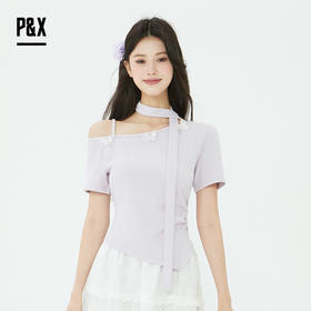 P&X设计师2025夏季新修身斜肩蝴蝶甜美设计感T恤 825202236 紫色