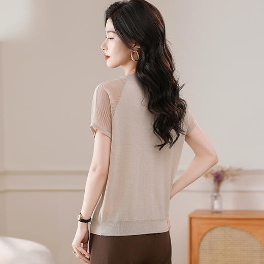 冰丝针织短袖t恤，圆领镂空宽松遮肉显瘦天丝体恤CC-5-6273 商品图3