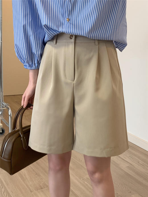 卡其西装短裤女春夏薄款高腰宽松a字休闲中裤直筒复古阔腿五分裤 商品图6
