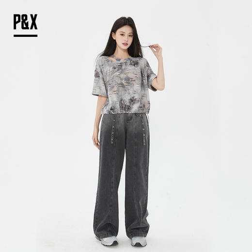 P&X设计师女装2025夏款扎染圆领复古水墨T恤825202266 灰色 商品图1