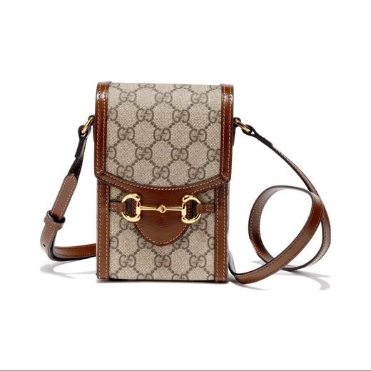 GUCCI古驰 Horsebit 1955 老花Logo马衔扣 帆布拼皮革 手机包烟盒包斜挎单肩包 迷你 男女同款 乌木色/棕色 商品图0