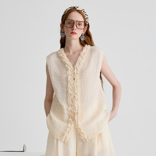 谜底衬衫无袖女2025夏季新品通勤褶皱荷叶边宽松A型上衣252MS0654 商品图0