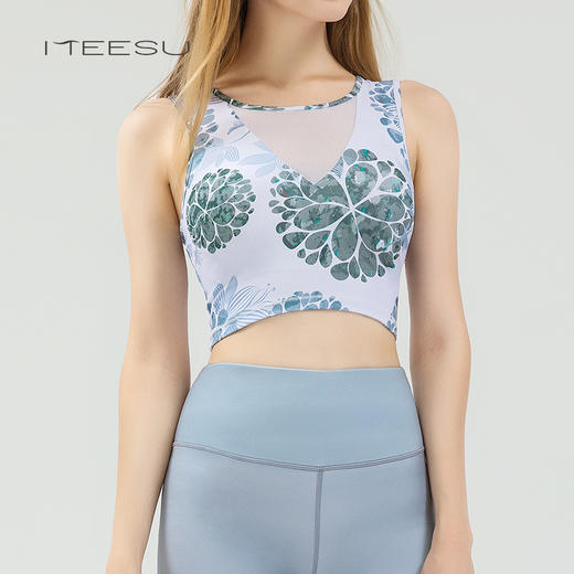 美愫瑜伽内衣女时尚印花美背镂空V领运动健身网纱透气收副乳内衣 商品图0