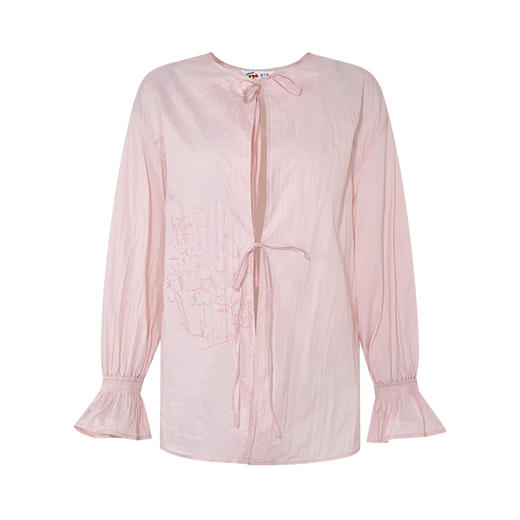 两三事梵高文艺霞云游踪2025夏季新款小清新印花绑带粉色防晒衫女 商品图4