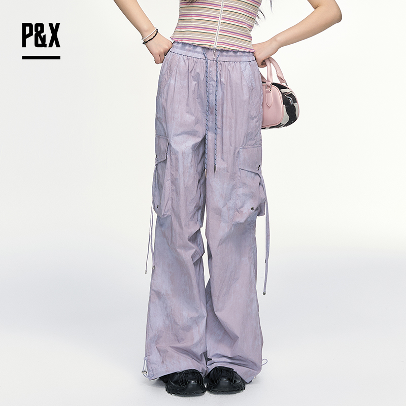 P&X设计师女装 美式抽绳工装梭织休闲长裤宽松显瘦825209215 紫色