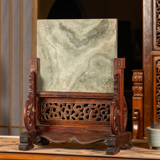 清早期 黄花梨镶绿石透雕螭龙纹插屏 商品图2