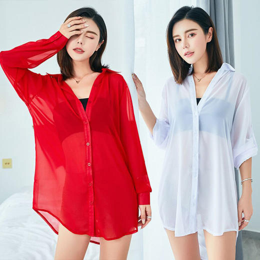 白色透明衬衫情趣上衣性感长袖中长款睡衣雪纺开衫透视诱惑老公裙 商品图1