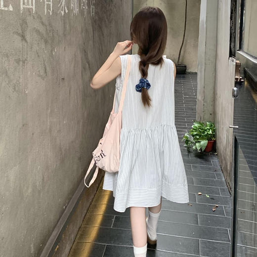 西遇无袖背心连衣裙女夏季新款撞色宽松圆领条纹法式裙子SS050547 商品图3