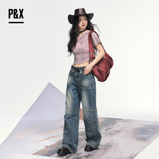 P&X设计师女装 美式高街复古阔腿宽松牛仔长裤女 825210193 蓝色 商品图2