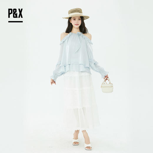 P&X设计师2025夏季一字肩挂颈露肩荷叶边雪纺衫825228073 蓝色 商品图1