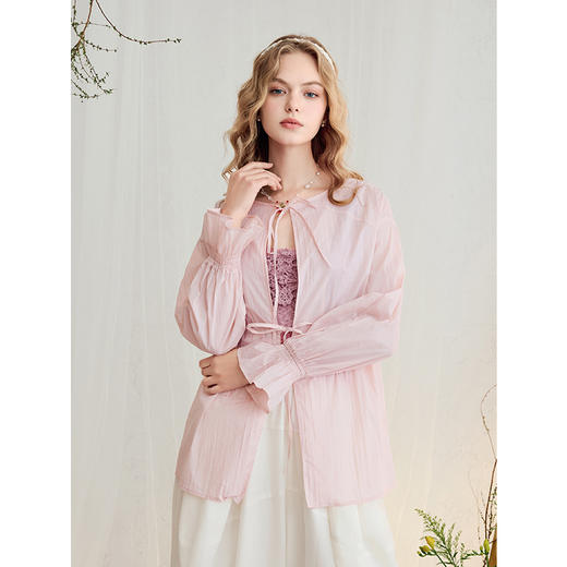 两三事梵高文艺霞云游踪2025夏季新款小清新印花绑带粉色防晒衫女 商品图1