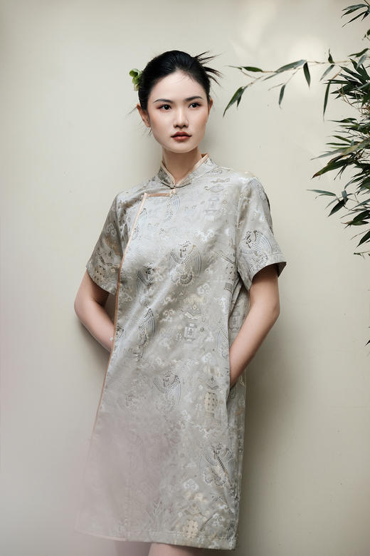 盛唐婧 |宋锦异色箩小立领偏襟连衣裙 商品图0